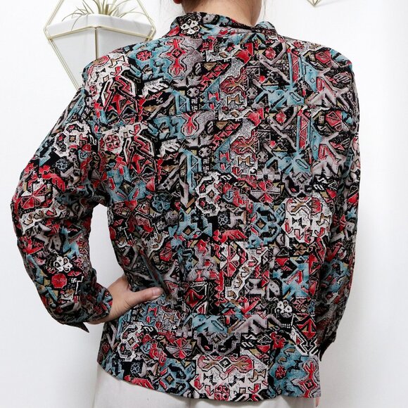 80s Black, Turquoise, Red & Beige Aztec Print Dust Jacket, Button Up Wrap Style - Picture 2 of 9
